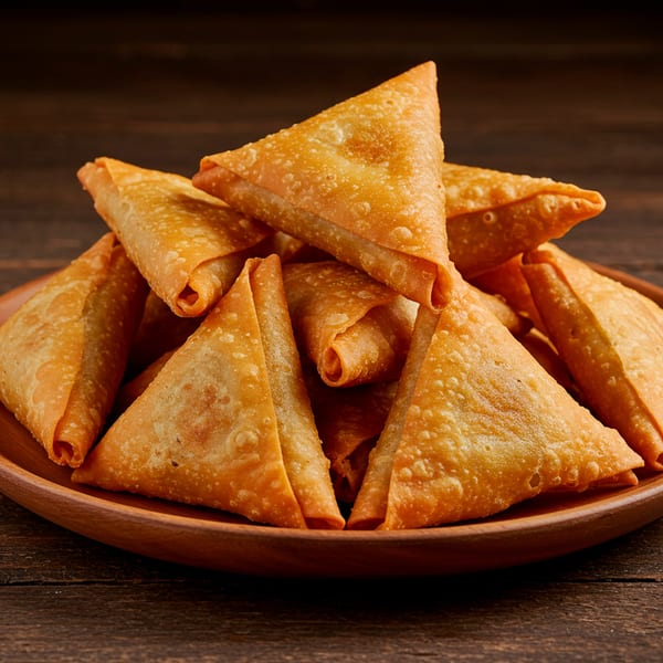 A wooden plate piled high with golden-brown, crispy Indian samosas on a dark wooden table.