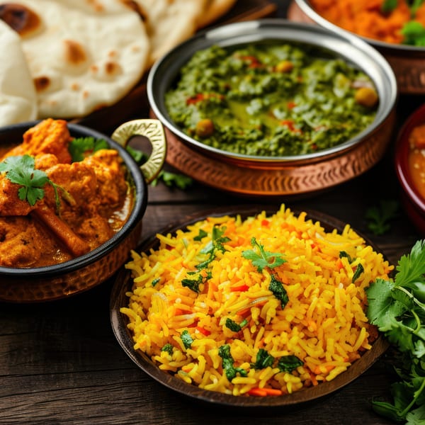A vibrant Indian meal featuring butter chicken, palak paneer, yellow rice, and naan bread on a dark wooden table.