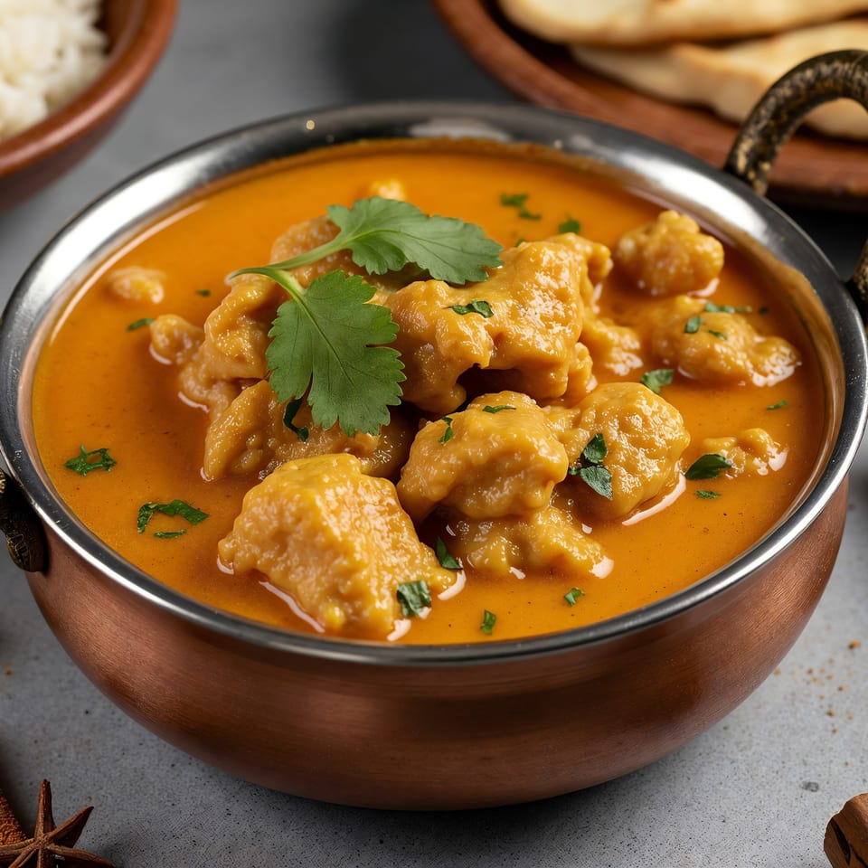 Close-up of Pepper House Township's Indian chicken curry in a copper bowl, garnished with cilantro.